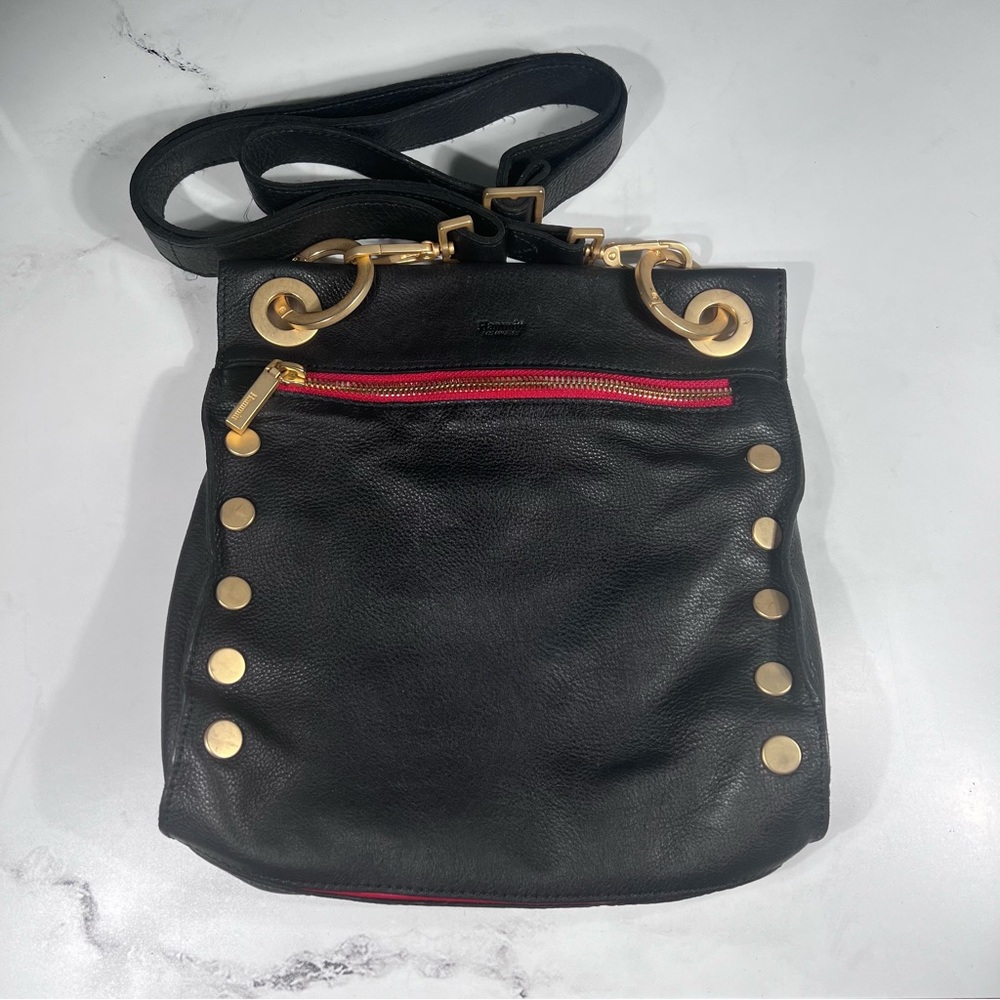 Hammitt Tony Medium Crossbody Black Leather Brushed Gold Purse Handbag